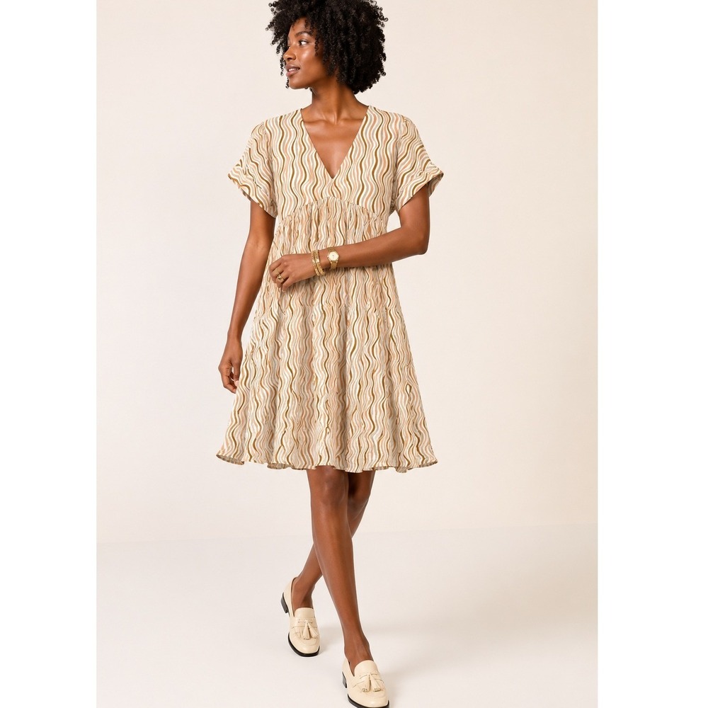 Rylee + Cru Wavy Stripe Linen Blend Babydoll Dress Tunic Tan Brown Womens Medium